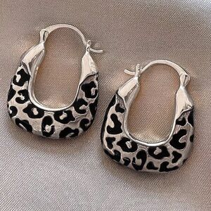 Silver and Black Leopard Print Hoop Earrings